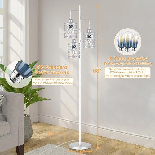 68" Farmhouse Floor Lamp - Dimmable Industrial Design with 3 Edison Bulbs | Rustic Silver Tall Lamp for Living Room, Bedroom & Office