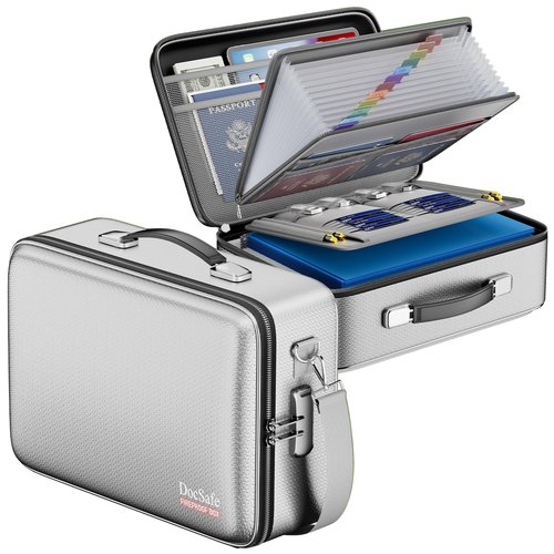 DocSafe Fireproof Document Box with Lock＆Shoulder Strap,Hard Case File Organizer with Accordion File Folder,Multi-Layer Portable Home Office Travel Safe Storage for Important Documents Laptop Silver