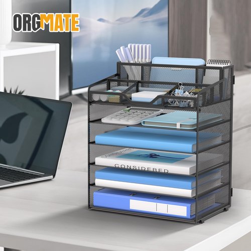 OrgMate 6 Tier Mesh Desk Organizer,Multi Functional Letter Paper Tray with 3 Pen Holders and 5 Adjustable Storage Compartments for Office Supplies Files and Mail Space Saving Desktop Organizer-Black
