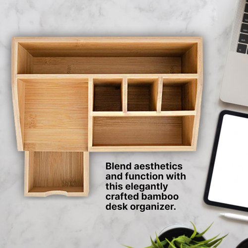 FLYGRUBS Thingles Bamboo Desk Organizer, Wood Pen Holder with Drawer, Storage Box, Pencil Box, Desk Tray for Office, Home Office - Wood Desk Organizer