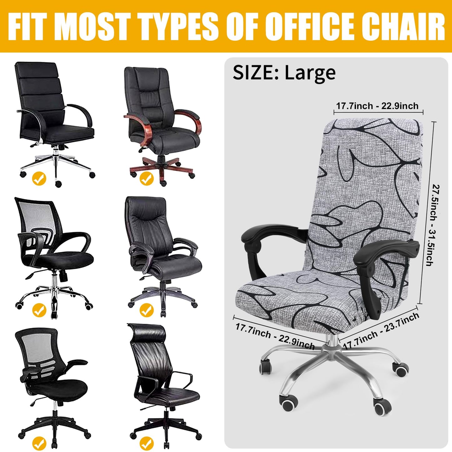 Smiry Stretch Printed Office Computer Chair Covers, Universal Desk Rotating Chair Slipcovers Removable Washable, Soft Fit Anti-Dust Spandex Protector Cover with Zipper, Grey and Black