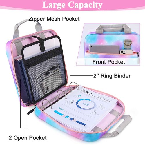 FIODAY Zipper Binder with Handle and Shoulder Strap - Multiple Pocket 500 Sheet Capacity Binder Organizer for School, Blue Purple