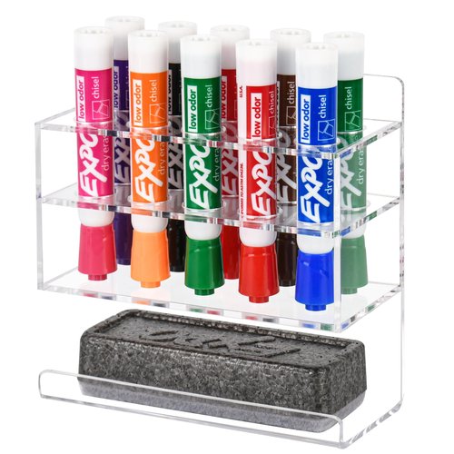 VieFantaisie Dry Erase Marker Holder, Wall Mounted Acrylic Marker Holder with 10 Slots, Sticky Pen Storage for Classroom Organization, Whiteboard, Office, Clear