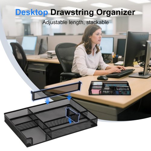 Desk Drawer Organizer Tray, with 2 Adjustable Compartments, Metal Mesh Drawer Organizer, Multifunction Desktop Drawer Organizer Organizer Set for Office, Home and School Supplies, 2PCS