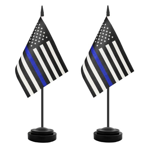 USA Thin Blue Line Police Desk Flag, 2 Pack American Policeman Table Office Flags, Small Mini Desktop Flag With 12" Solid Black Pole, Black Base, Police Celebration Event, Desk Decoration (Blue Line)