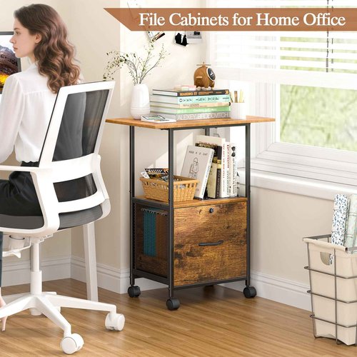 ThreeHio Small Filing Cabinet with Lock, Printer Stand with File Storage, Rolling Locking File Cabinet with Drawer Vertical File Cart with Wheels, Lockable Filing Cabinet for Home Office