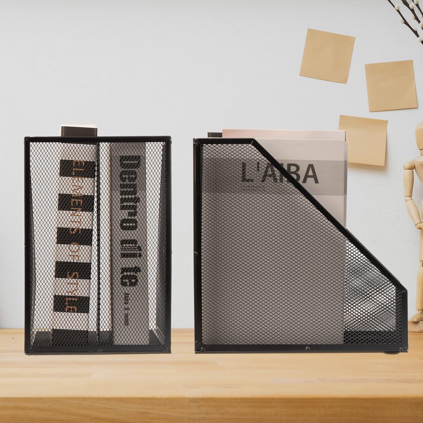 Skiennix Magazine Holder - Metal Wire Design with 2 Compartments | Stylish Black Desk Organizer