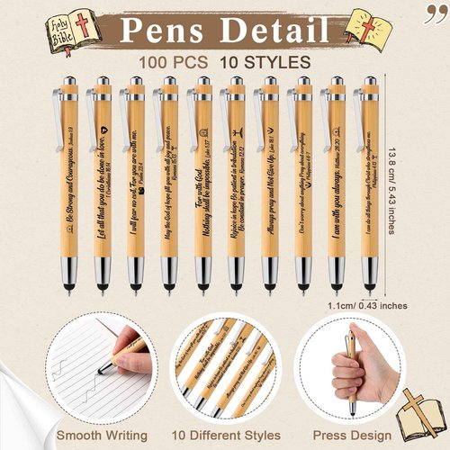 Jetec 100 Pcs Inspirational Bible Verse Bamboo Pen Wooden Retractable Ballpoint Pen with Stylus for Women Men Teacher Coworker School Office Supplies Journal Writing Gifts(Religious)