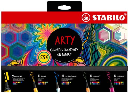 STABILO Creative Set - Pen 68 Max, Pen 68, Pen 68 brush, point 88, pointMax, ARTY, 55-Pieces - drawing, illustration, writing