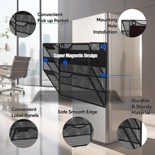 LQPAFZ 3-Tier Magnetic File Holder, No Drilling Installation File Cabinet Organizer, Black Magnetic File Organizer, Magazine Rack, Magnetic Paper Holder for Refrigerator, File Cabinets, Whiteboard