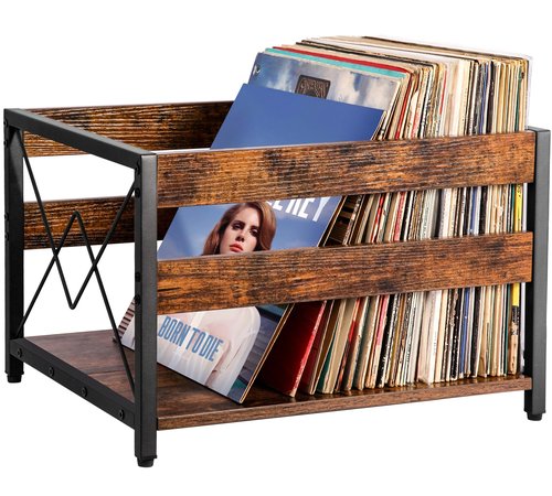 Y&M Vinyl Record Storage Crate, Wooden Storage Box, Classic Cube CD Albums Shelf Holder Organizer, Holds Up to 100+ Records, Magazine Rack for Desktop, Home, Office, Brown