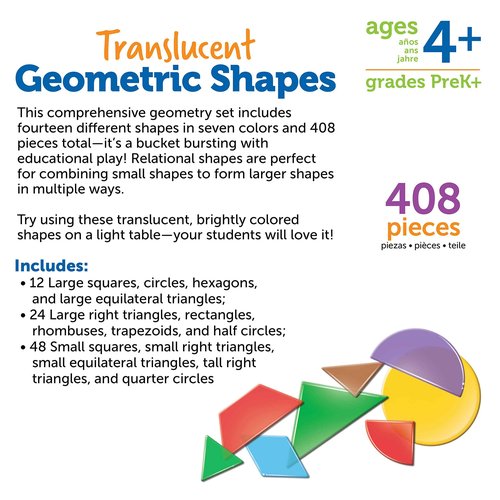 Learning Resources Translucent Geometric Shapes - 408 Pieces, Grades Pre-K+ | Ages 4+ Preschool Learning Materials, Manipulative Shapes, Early Geometry Skills, Classroom Accessories, Teacher Aids