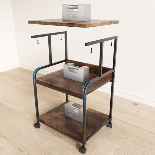 Luwesde 3 Tier Rolling Printer Cart with Wheels, Rustic Brown, Adjustable, Compatible with Printers, Fax Machines, Home Office, Kitchen, Living Room, Bedroom Storage Shelves