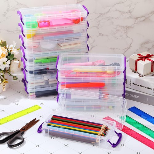 Zonon Large Capacity Pencil Box Stackable Clear Plastic Storage Organizer Painting Brush Storage Box Translucent Watercolor Pen Case with Snap Button Lid（Purple, 12 Pcs）
