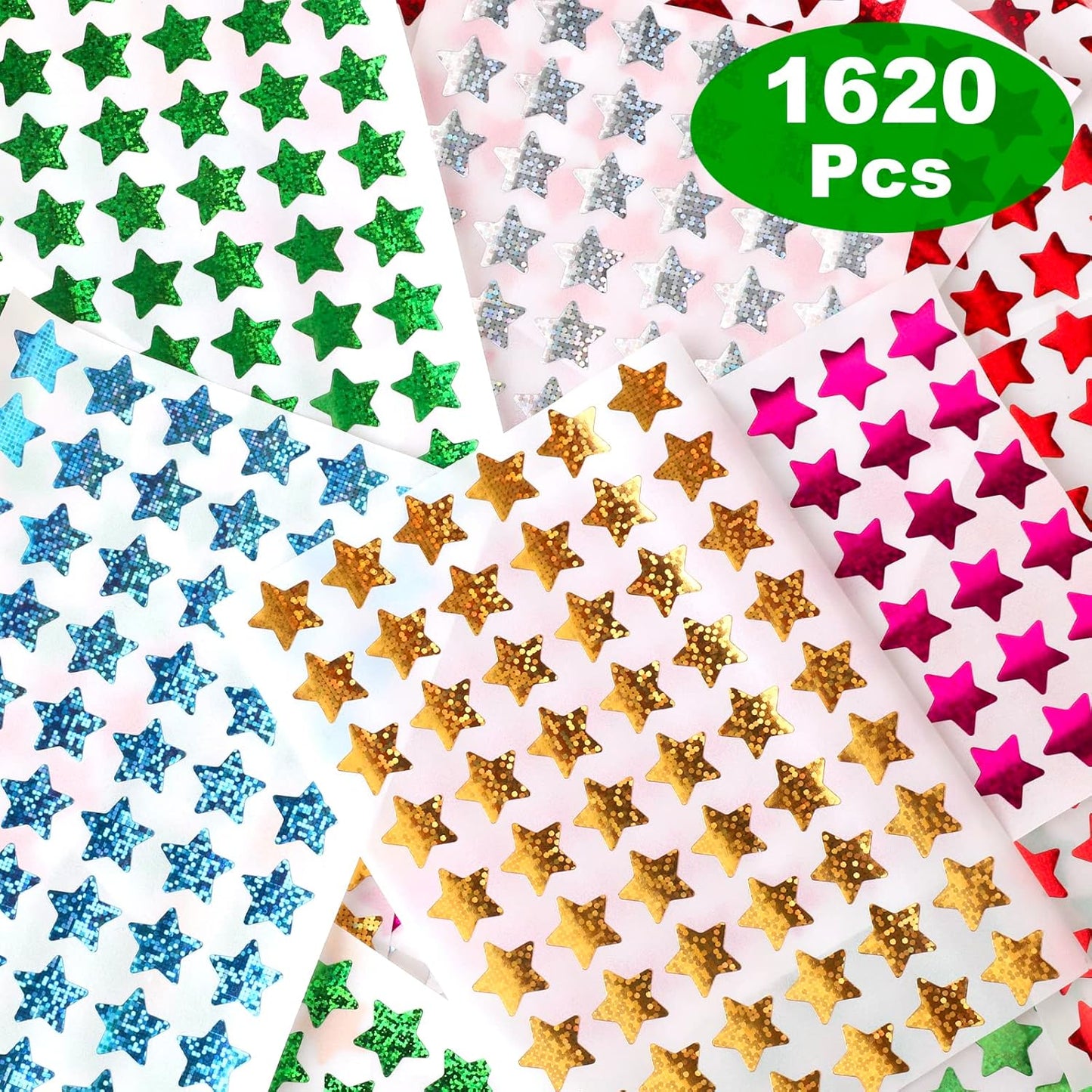 Skiennix Holographic Small Star Stickers - 1620 Pack in 6 Colors | Perfect for Kids' Rewards & Classroom Use, 0.6" Diameter