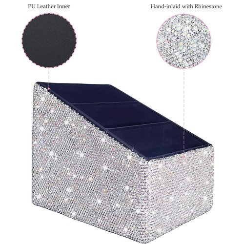 Bling Remote Control Holder with 3 Compartments, Rhinestone Storage Rack for Media Player, Heater Controllers Cosmetics Office, Decorative Desk Organizer Caddy,Diamond Nightstand Organizer for Women