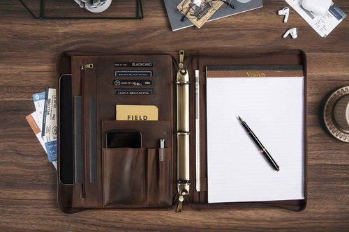 Leather Portfolio Binder, 3 Ring Binder Padfolio Organizer, Personalized Portfolio for Men, iPad Laptop Padfolio with Zipper (Dark Khaki, Non-Custom)
