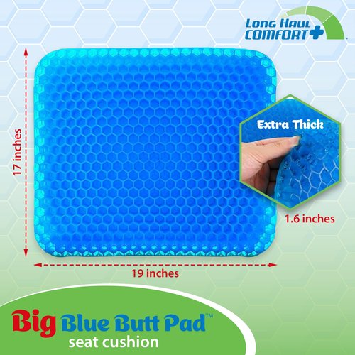 Extra Thick Gel Seat Cushion for Long Sitting Pressure Relief - Big Blue Butt Pad for Chair - Ergonomic for Tailbone, Backpain, Hip & Sciatica Support