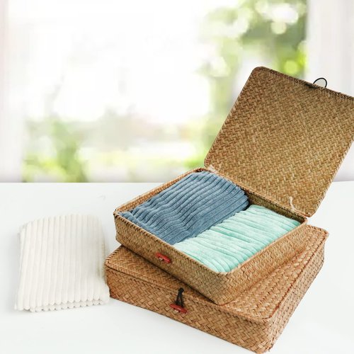 FEILANDUO Shelf Baskets with Lids Wicker Storage Baskets for Shelves Organizing Natural Seagrass Rattan Woven Organizer Boxes Boho Home Decor