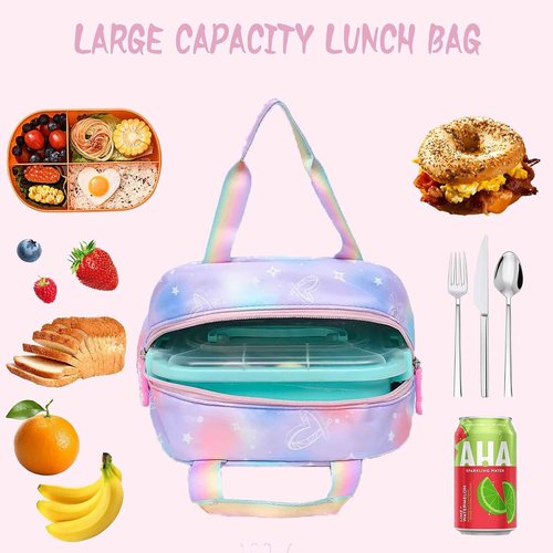 6Pcs Kawaii Backpack Set for Girls, Cute Pink Lightweight Daypack Kids Bookbag Large Capacity Laptop Bag, 17in Gradient Double Shoulder Backpack with Portable Lunch Bag(Purple)