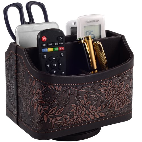 Antique Leather Remote Control Holder 360 Degree Spinning,Desk Rotating Organizer/Caddy for TV Remote Controllers,Pen,Calculator Media Player,DVD,Office Supplies,Mobile Phone Storage Box (Retro)