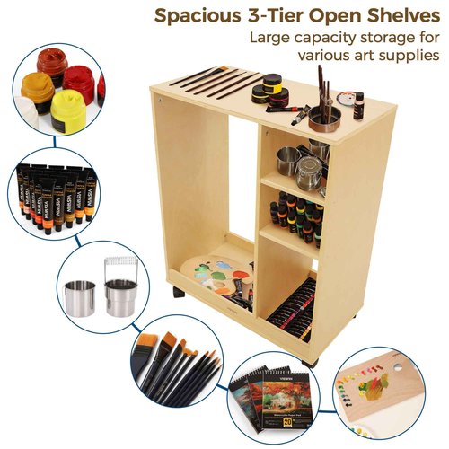 VISWIN Art Cart Organizer, Solid Pine Wood Art Supply Storage Organizer with Caster Wheels, 3-Tier Multifunctional Rolling Utility Storage Cart for Studio, Classroom, Artists - Natural