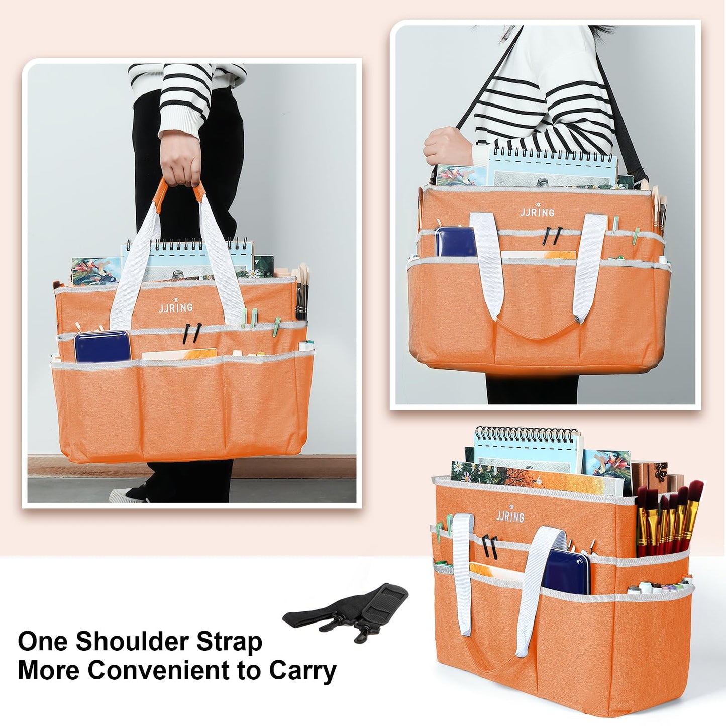 JJRING Craft Organizer Tote Bag, Large Art Storage Caddy with Multiple Pockets, Orange Sewing Bag for Art, Craft, Scrapbooking, School, Medical, and Office Supplies Storage