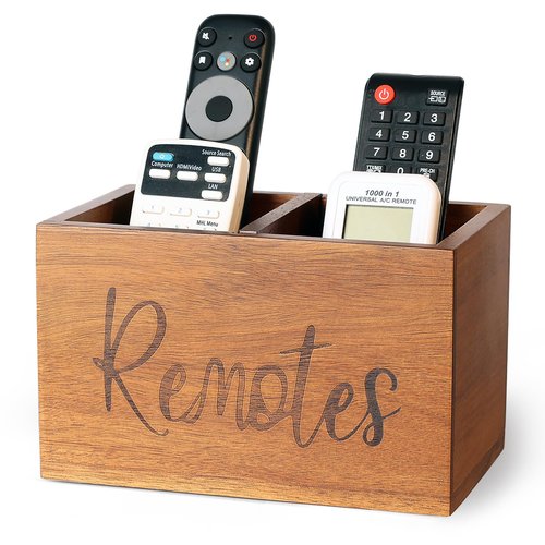 Remote Control Holder, Wooden TV Remote Holder for Table, Remote Organizer Caddy for Home Decor, Remote Box for Nightstand, Brown Labeled "Remote", 2 Slot - 7.3 Inch