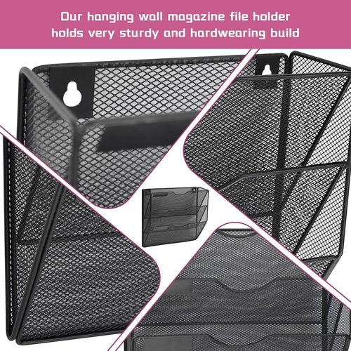 3 Pockets Mesh Wall File Holder Organizer Office Hanging File Folder Magazine Rack, Nametag Label Hooks Set Included (Black)