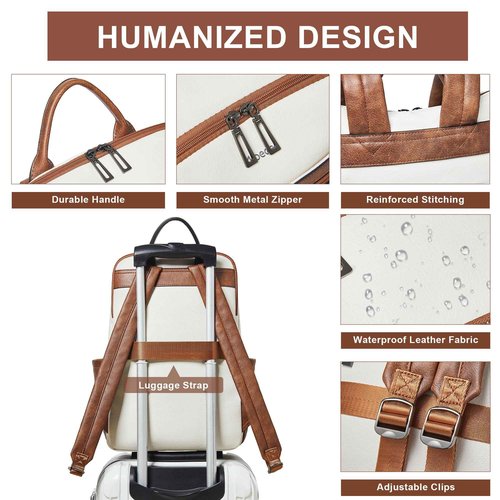 Leather Laptop Backpack for Women, 15.6" Causal Daypack Backpacks Purse Computer Backpack with Laptop Compartment for Travel Work College Business, Beige Brown