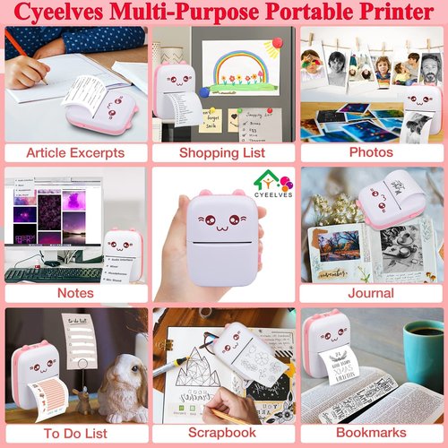Portable Mini Thermal Printer with 6 Roll Printing Paper, Bluetooth Wireless Smart Mini Printer for iOS Android, Inkless Photo Picture QR Code Receipt List