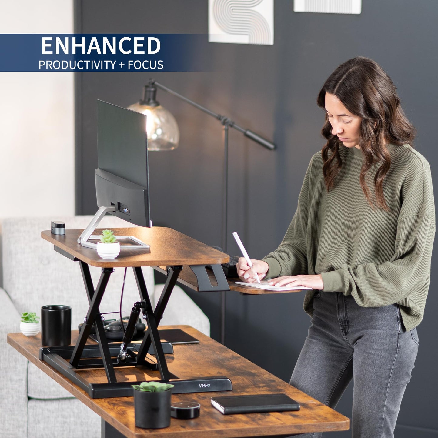 VIVO 26 inch Desk Converter, K Series, Height Adjustable Sit to Stand Riser, Dual Monitor and Laptop Workstation with Keyboard Tray, Rustic Vintage Brown Top, Black Frame, DESK-V026KN