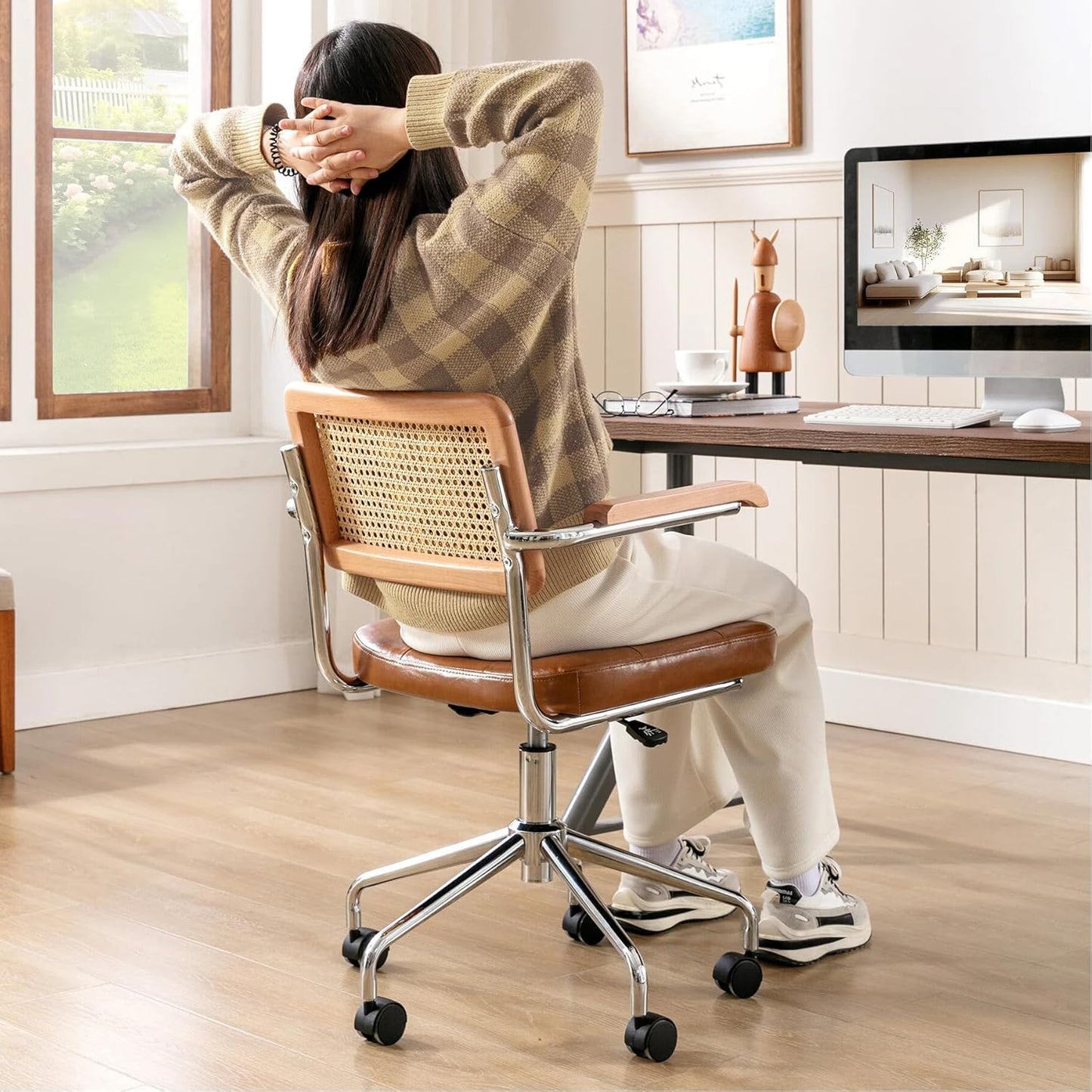 Zesthouse Leather Office Desk Chair - Mid Century Rolling Design with Wood Arms & Rattan Back | Brown