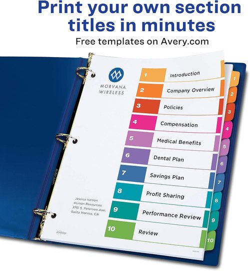 Avery Dividers - Customizable 10-Tab Set for 3 Ring Binders | Multicolor Tabs for Easy Organization
