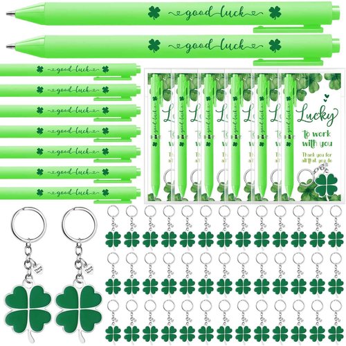 Fullhawl 48 Sets St Patrick's Day Gifts for Employee Good Luck Ballpoint Pens Shamrock Ballpoint Pens Four Leaf Clover Keychains with Thank You Cards for Team Staff Teacher Coworker