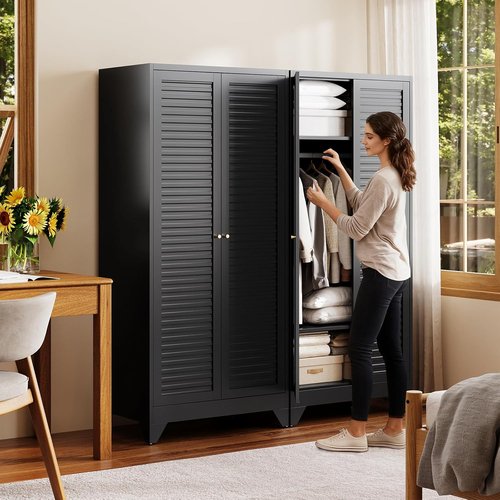 Letaya Armoire - 20" Deep Metal Wardrobe Closet with Doors, Shelves & Hanging Rod - Black