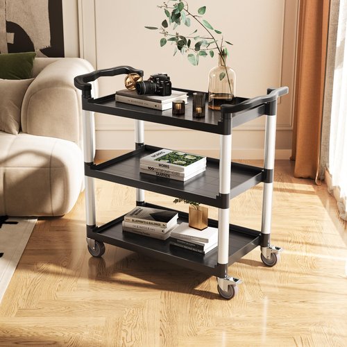 VEVOR Utility Cart, 500 lbs Load Capacity, 3-Tier Utility Plastic Cart with 360° Swivel Wheels (2 with Brakes), 31.1 x 19.3-inch Food Service Cart for Warehouse, Office, Home, Restaurant, Kitchen