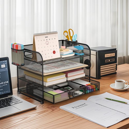 ZXZOFCA Desk Organizer and Accessories，4-tier Paper Letter Tray Organizer, Desk File Organizer with Drawers and 2 Pen Holders for School and Home Office Supplies (black)