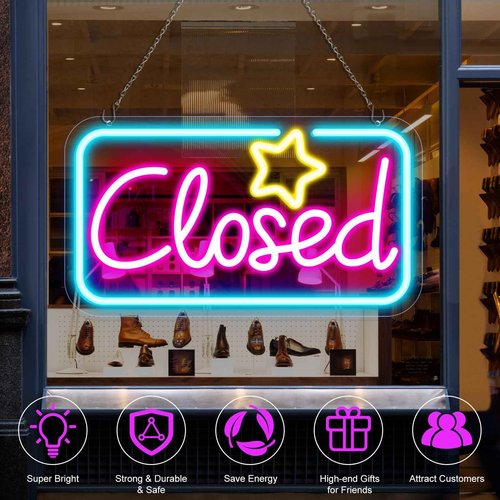 Neon Closed Signs for Business, 16.5''x 9'' Closed Sign LED, Super Bright Closed Neon Sign(Yellow&Red&Blue), with ON/OFF Switch & Adapter, Ideal for Window, Wall, Bars, Retail Store, office, etc.