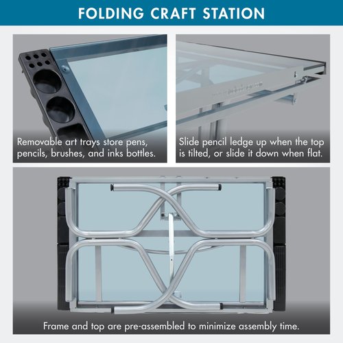Studio Designs Folding Modern Glass Top Adjustable Drafting Table Craft Table Drawing Desk Hobby Table Writing Desk Studio Desk, 35.25" W x 23.75" D, Silver/Blue Glass