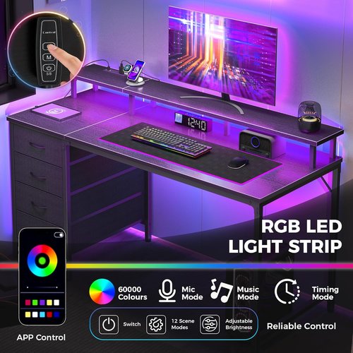 DUMOS Computer Desk - 4 Drawer Gaming Desk with Power Outlets & LED Lights | 45 Inch Black for Home Office & Small Spaces