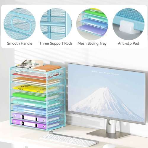 Cawukege 9 Tier Paper Organizer with Handle, Large Capacity Desk Organizer Mesh Paper Letter Tray File Folder Document Sorter for Classroom and Office Accessories Organization- Blue (2 Pack)