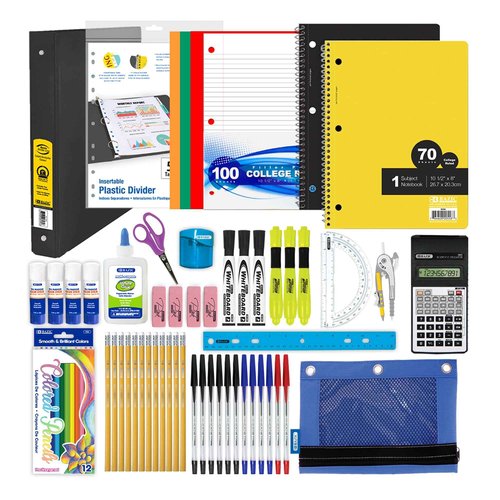 BAZIC Products Middle High School Kit Supply Box 65 Count for Student 7-12 Grades, Composition Book Compass, Color May Vary, 1-Pack