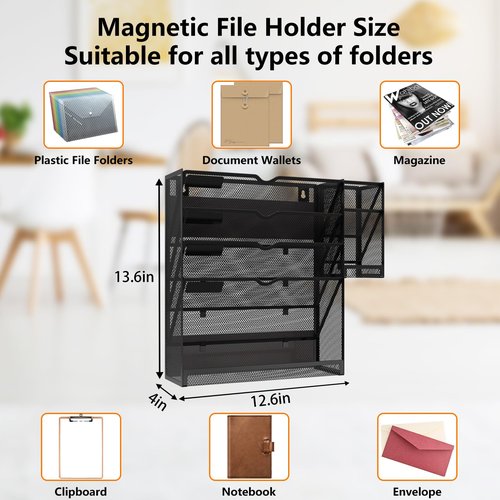 KZWKRG Magnetic File Holder, Magnetic File Organizer Wall Mount, 5 Tier Hanging Mail Organizer Folder Holder, Mesh Desk Accessories and Organizers, Paper Document Magazine Rack with 3 Pen Holder