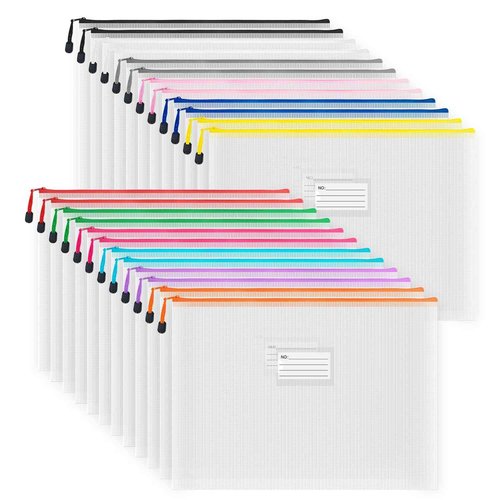 BOPART Extra Large Mesh Zipper Pouch Bags - 24pcs, 16.9x12 Inches Board Game Storage & Organization. A3 Plastic Zip File Bag with Label Pocket for Office, School, Projects & Puzzles