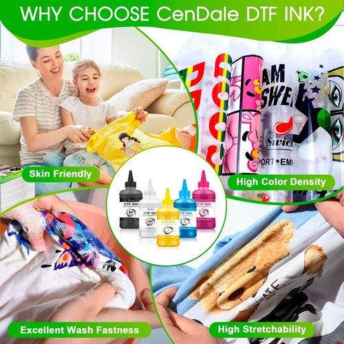 CenDale Premium DTF Ink 1500ML - DTF Transfer Ink for PET Film, Refill DTF Ink for Epson ET-8550, L1800, L800, R2400, P400, P800, XP15000, Heat Transfer Printing Direct to Film (250ml x 6, CMYK Wh)