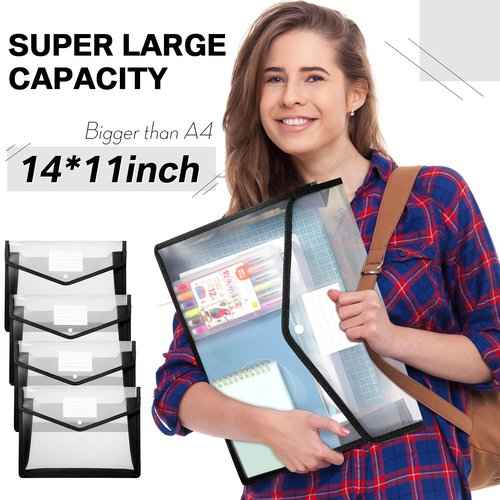 10 Pieces Plastic File Folders Envelope Expanding File Wallet Organizer Documents Folder with Snap Closure and Pocket B4 Waterproof Transparent Pouch for School Office(Black,Horizontal)