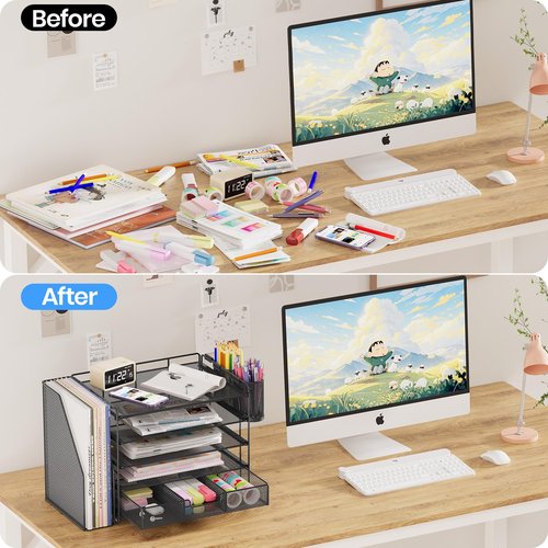 OPNICE Desk Organizers and Accessories, 5-Tier Paper File Organizer with Drawer & Pen Holder, Office Desk Accessories Workspace Desktop Organizer for Office Supplies(Black)