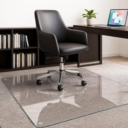 JAMBALAY 55″×46″ Tempered Glass Office Chair Mat, Thick 0.2″ Heavy Duty Glass Floor Mat for Carpet and Hard Floors, with Anti-Slip Pads, Polished Edges and Round Corners, Easy Roll On