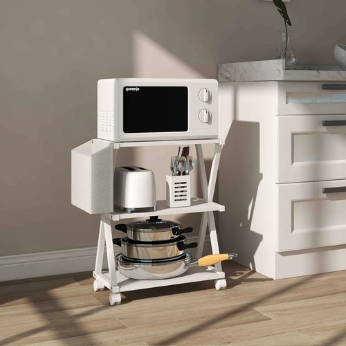 VEDECASA White Mobile Printer Stand 3 Tier Wood Shelf Metal Frame Printer Cart with Storage Bag for Home Office Modern Under Desk Table Side Printer Cart with Rolling Caster Wheel